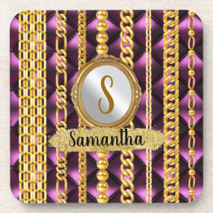 Schöne Lila Velvet Gold Monogram Elegante Chic Getränkeuntersetzer