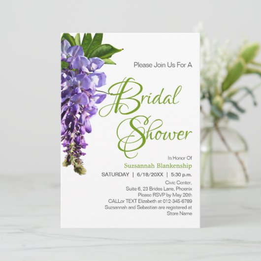 Schöne Lila Wisteria Blume Brautparty Einladung (Stehend Vorderseite)