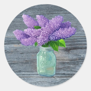 Schöne Lilacs im rustikalen Mason Jar Runder Aufkleber