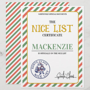 Schöne Liste-Zertifikat unterschrieben von Santa p