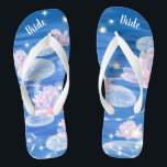 Schöne Lotus Wasserlilie Blue White Wedding Bridge Badesandalen<br><div class="desc">Diese wunderschönen Flip-Flops mit eleganten Lotus-Blume und Sternen im blauen Hintergrund sind eine hübsche Vorstellung für Ihre Hochzeit. Sie werden Ihren Hochzeitstag, Ihren Junggeselinnen-Abschied oder andere Feierlichkeiten mit einer stilvollen Glasur ergänzen. Strich Anpassen Sie es mit Ihrer Formulierung durch die Vorlagenfelder. Wenn Sie gewollt haben, um den Stil, die Farbe...</div>