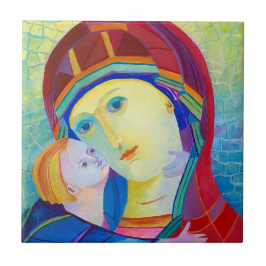 Schöne Madonna und Kind farbenfrohe helle Farben Fliese (Vorderseite)
