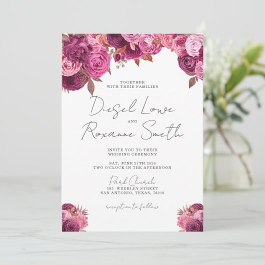 Schöne Magenta Rosa Blumenzettel Einladung (Stehend Vorderseite)