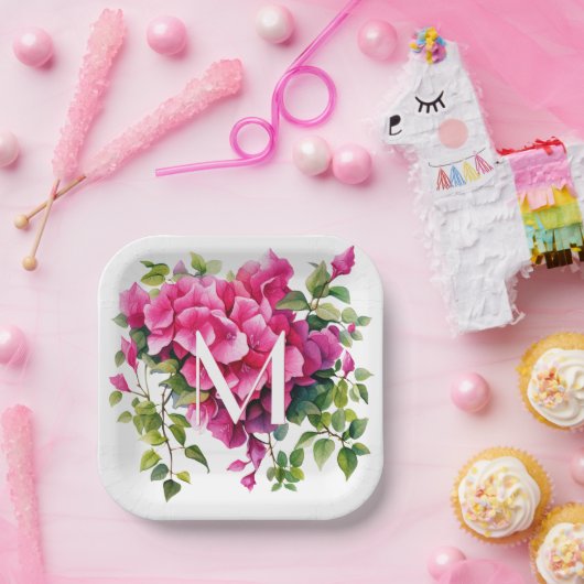 Schöne Magenta Wilde Rose Mit Monogramm Pappteller (Party)