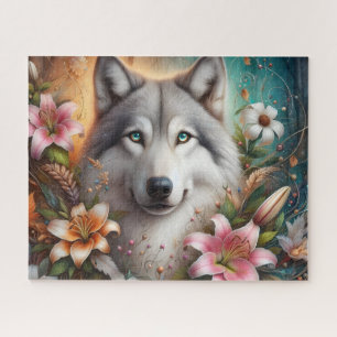 Schöne majestätische Wolfe mit floralen Lilien Puzzle