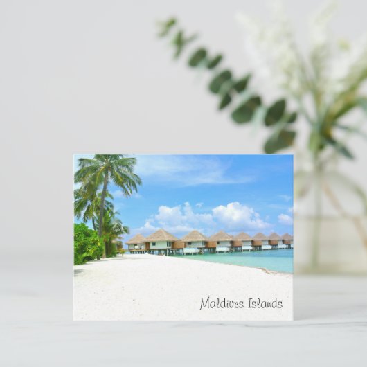 Schöne Malediven Inseln, Bungalows, Ozean, Palmen Postkarte (Stehend Vorderseite)