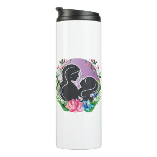Schöne Mama und Tochter mit bunten Blume Thermosbecher