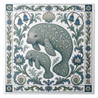 Schöne Manatee-Mutter Und Baby Vintage Ornament Fliese