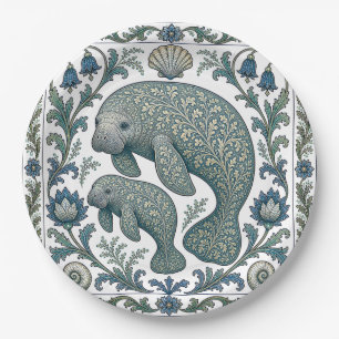 Schöne Manatee-Mutter Und Baby Vintage Verziert Pappteller