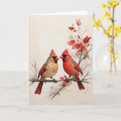 Schöne männliche Rote Kardinäle zeichnen Leere Karte (Gelbe Blume)