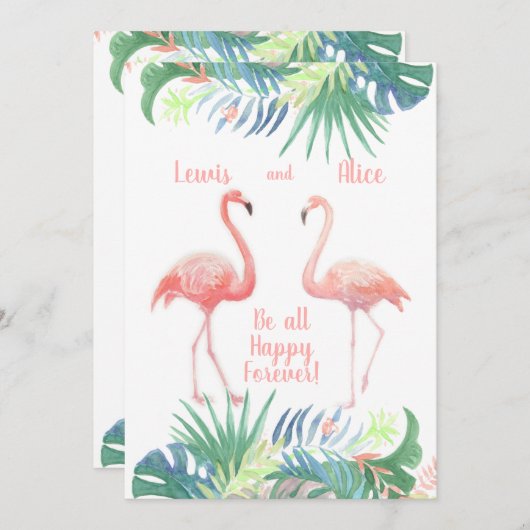 Schöne Märchen für zwei Flamingo Tropical Blume Einladung (Vorne/Hinten)