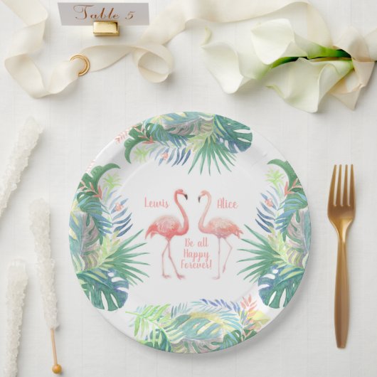 Schöne Märchen für zwei Flamingo Tropical Blume Pappteller (Hochzeit)