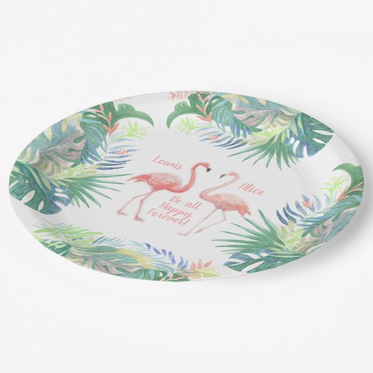 Schöne Märchen für zwei Flamingo Tropical Blume Pappteller (Schrägansicht)
