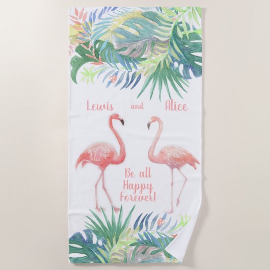 Schöne Märchen für zwei Flamingo Tropical Blume Strandtuch (Vorderseite)
