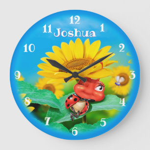 Schöne Marienkäfer schlafen auf Sonnenblumen. Große Wanduhr