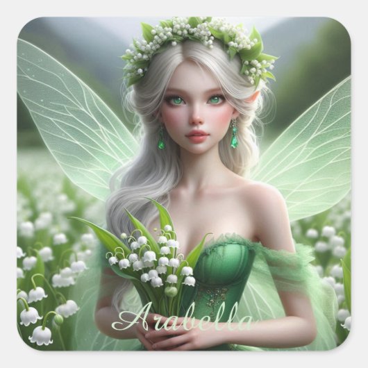 Schöne May Fairy in Lilies of the Valley Quadratischer Aufkleber (Vorderseite)