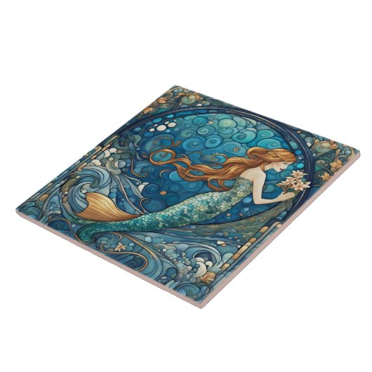 Schöne Meerjungfrau Art Deco Stil Blau Fliese (Seite)