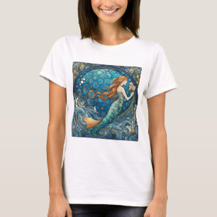 Schöne Meerjungfrau Art Deco Stil Blau T-Shirt