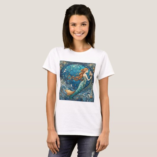 Schöne Meerjungfrau Art Deco Stil Blau T-Shirt (Vorne ganz)