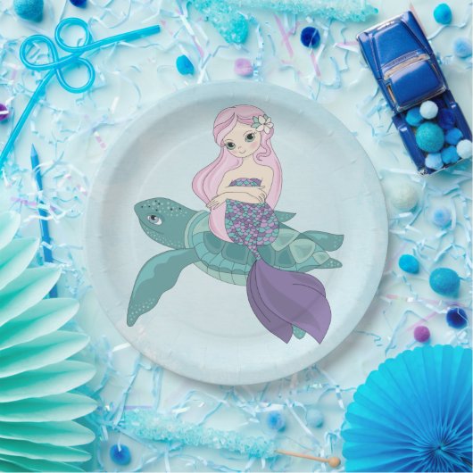 Schöne Meerjungfrau auf einer Meeresschildkröte Pappteller (Party)