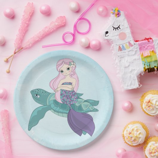 Schöne Meerjungfrau auf einer Meeresschildkröte Pappteller (Party)