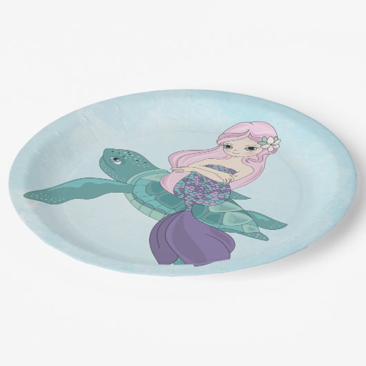 Schöne Meerjungfrau auf einer Meeresschildkröte Pappteller (Schrägansicht)