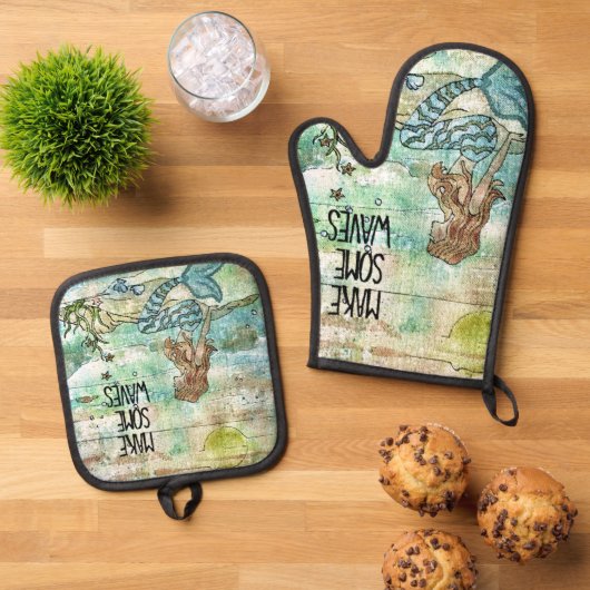 Schöne Meerjungfrau macht Wellen Ofenhandschuh & Topflappen-Set (Oben Unten)