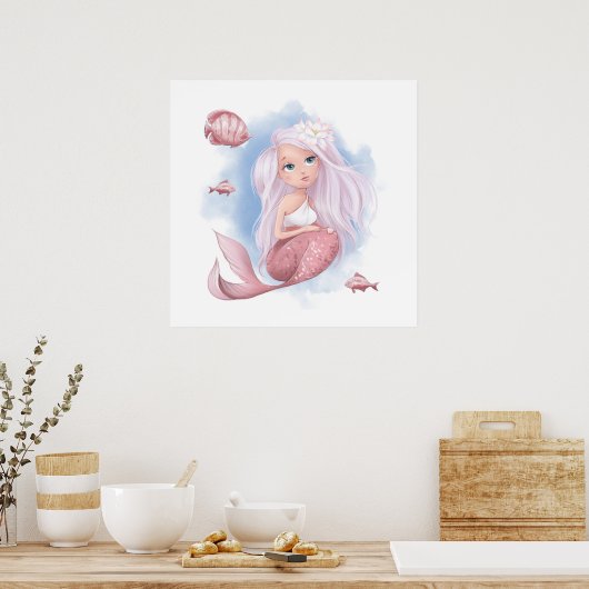 Schöne Meerjungfrau mit Fischplakat Poster (Küche)