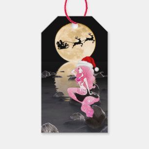 Schöne Meerjungfrau mit Weihnachtsmannmütze Frohe Geschenkanhänger