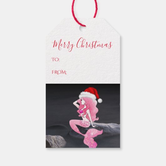 Schöne Meerjungfrau mit Weihnachtsmannmütze Frohe Geschenkanhänger (Rückseite)