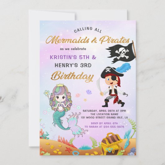 Schöne Meerjungfrau & Pirate unter dem Meer Geburt Einladung (Vorderseite)