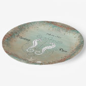 Schöne Meerpferde, Hochzeit am Strand, Muscheln Pappteller (Schrägansicht)