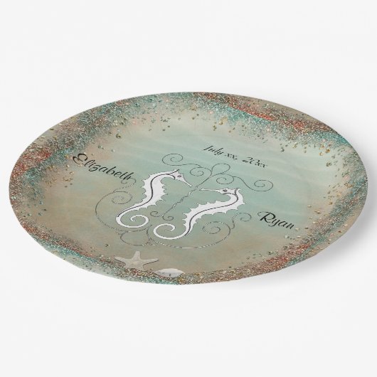 Schöne Meerpferde, Hochzeit am Strand, Muscheln Pappteller (Schrägansicht)