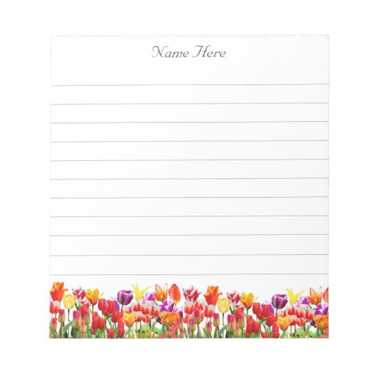 Schöne mehrfarbige Tulpenblumen in einer Reihe Notizblock (Vorderseite)