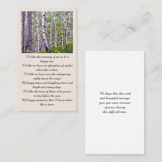 Schöne Memorial Sympathy Card Visitenkarte (Vorne/Hinten)