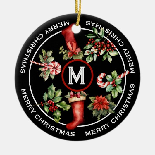 SCHÖNE MERRY CHRISTMAS, POINSETTIA, CANDY CANE KERAMIK ORNAMENT (Vorne)