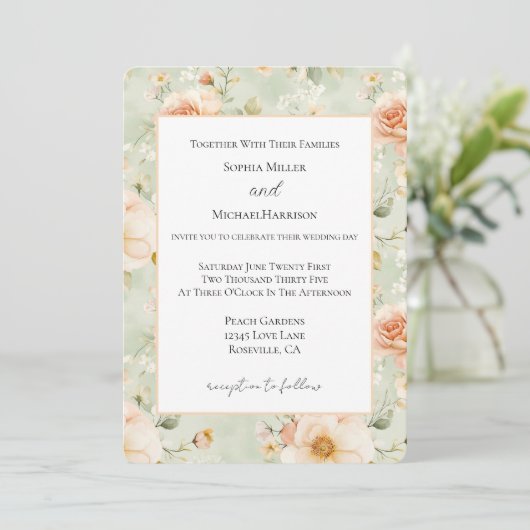 Schöne Minz-Pfirsich-Blumen Hochzeit Einladung (Stehend Vorderseite)