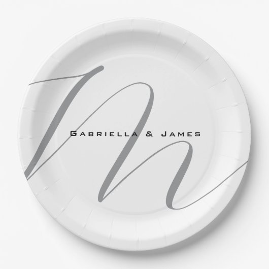 Schöne Mit Monogramm Schwarz-weiße Graukalligraphi Pappteller (Vorderseite)
