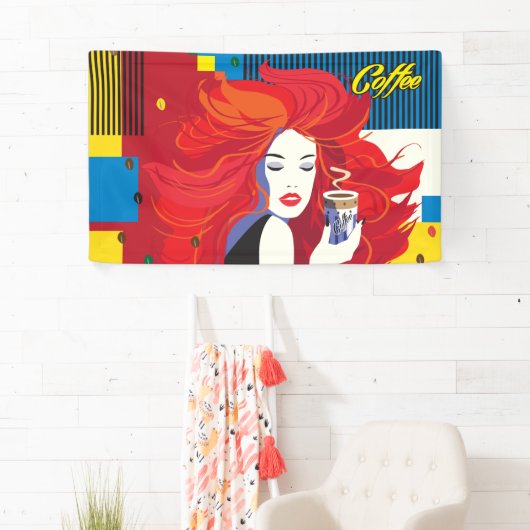 Schöne Mode-Frau mit Kaffee-Cup-Pop Kunst Banner (Insitu)