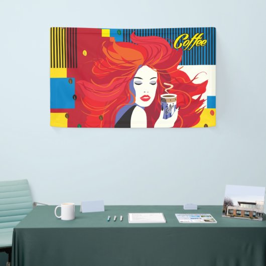 Schöne Mode-Frau mit Kaffee-Cup-Pop Kunst Banner (Messeveranstaltung)