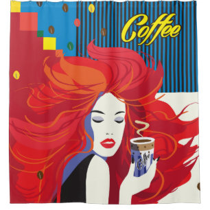 "Schöne Mode-Frau mit Kaffeetasse-" Pop Kunst Duschvorhang