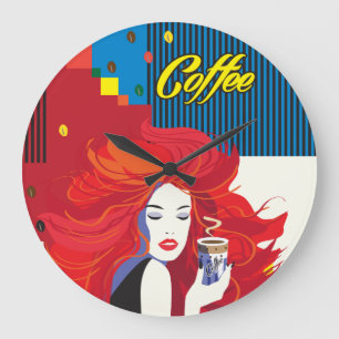 "Schöne Mode-Frau mit Kaffeetasse-" Pop Kunst Große Wanduhr