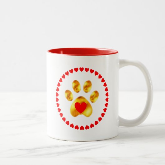 Schöne Moderne goldene Paw & Red Hearts Zweifarbige Tasse (Rechts)