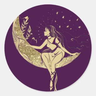 Schöne Mond Sterne Frau Art Deco Illustration Runder Aufkleber