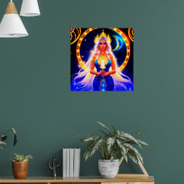 Schöne Mondgöttin mit fließendem weißem Haar Poster