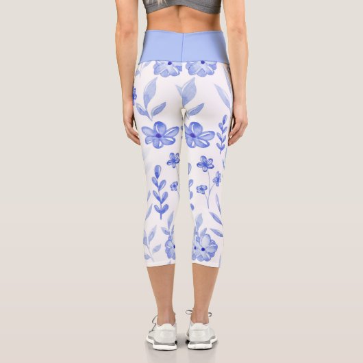 Schöne monochromatische Wasserfarben Blauer Blumen Capri Leggings (Rückseite)