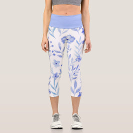 Schöne monochromatische Wasserfarben Blauer Blumen Capri Leggings