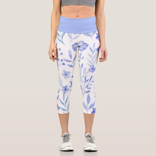 Schöne monochromatische Wasserfarben Blauer Blumen Capri Leggings (Vorderseite)