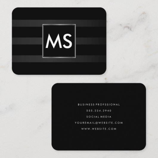 Schöne Monogram Chic Stripes Imitate Silver Frame Visitenkarte (Vorne/Hinten)