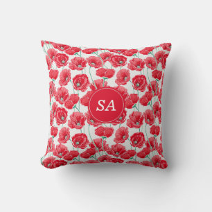 Schöne monogrammierte rote Mohnblumen Blumen Weiß  Kissen